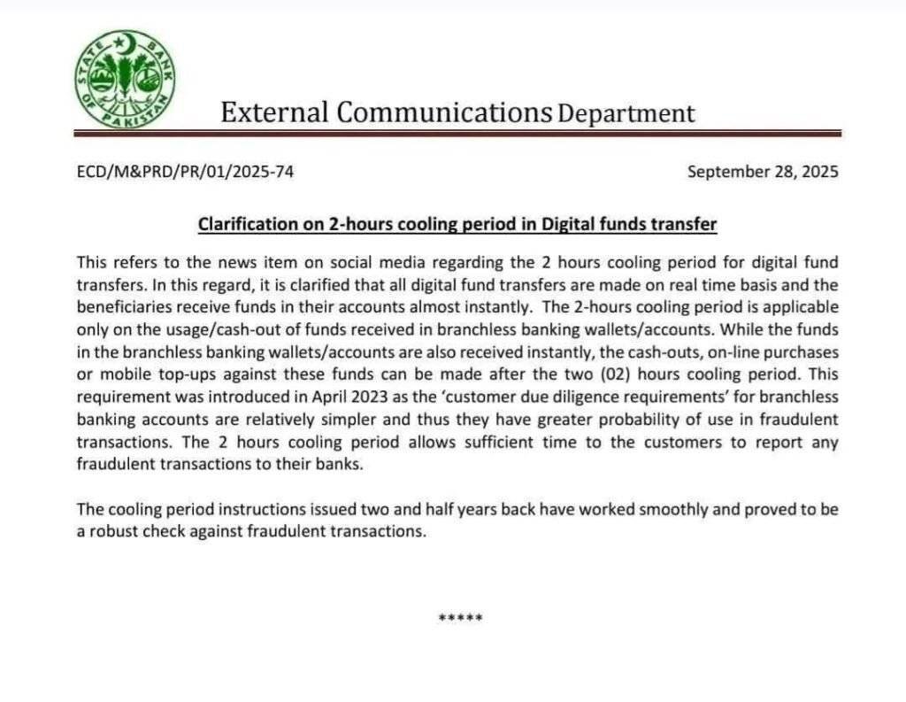 Summary: The State Bank of Pakistan has clarified that the 2-hours cooling period applies only to cash-outs and usage from branchless banking wallets, not to standard digital fund transfers. Introduced in April 2023, this measure effectively combats fraudulent activities in vulnerable accounts