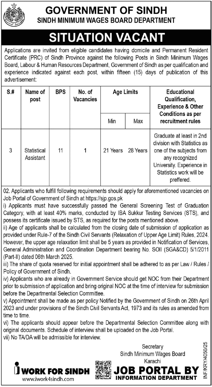 Sindh Minimum Wages Board Jobs 2025 Urgent Hiring Karachi