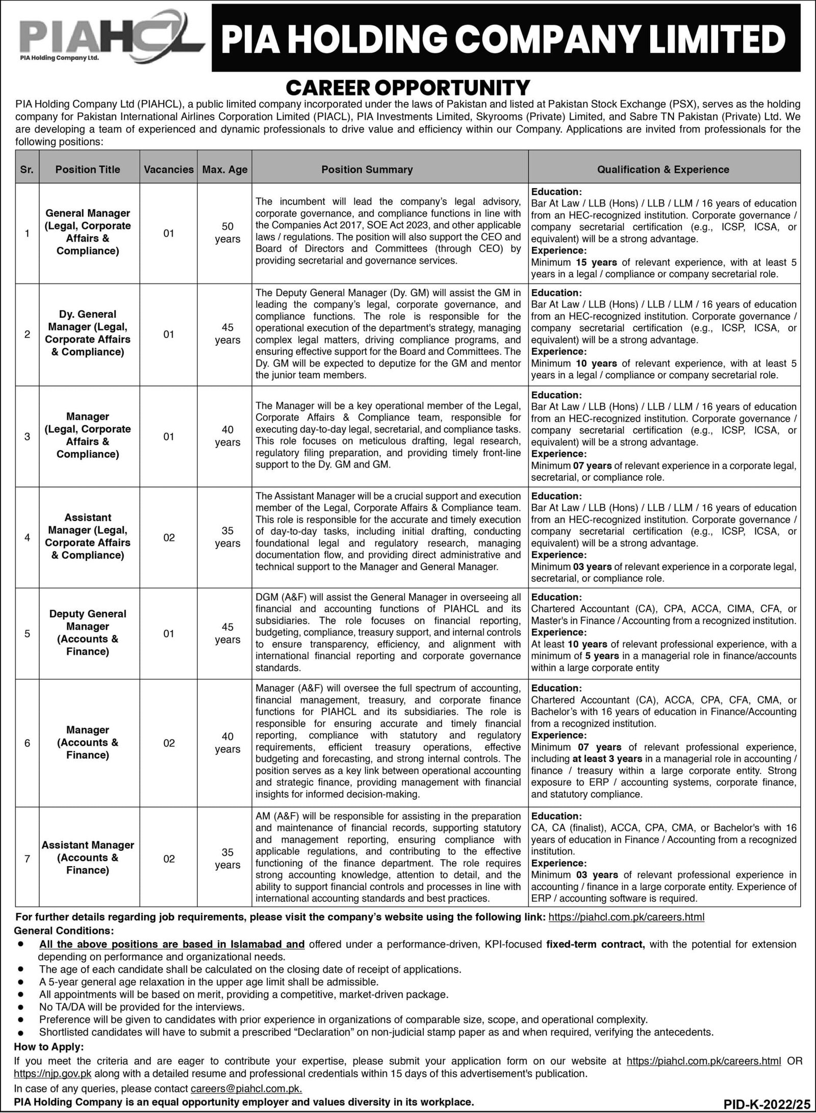 PIA Holding Company Karachi Jobs 2025 New Management Roles