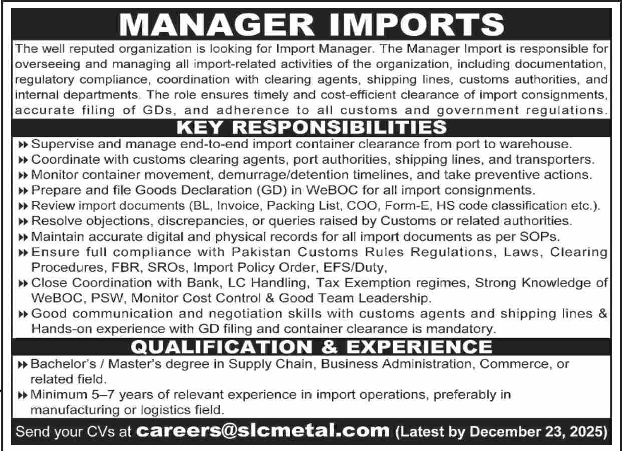 Manager Imports Job Karachi: Latest Private Org Posts