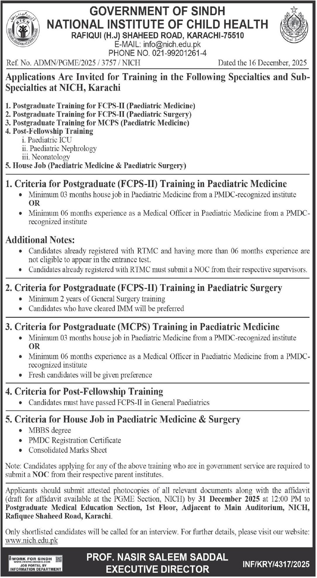 National Institute Of Child Health Karachi Latest Medical Jobs