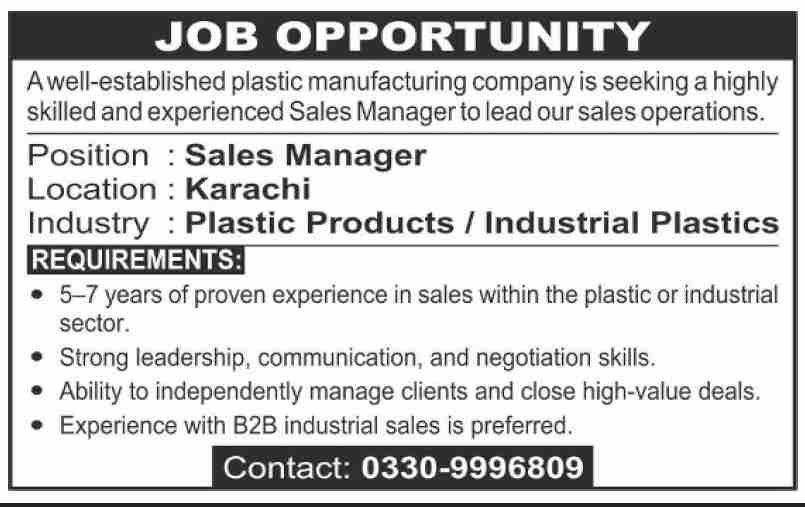 Sales Manager Jobs Karachi: Best Plastic Mfg Career