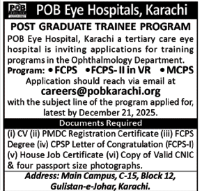 Post Graduate Trainee Program at POB Eye Hospital – Apply Now