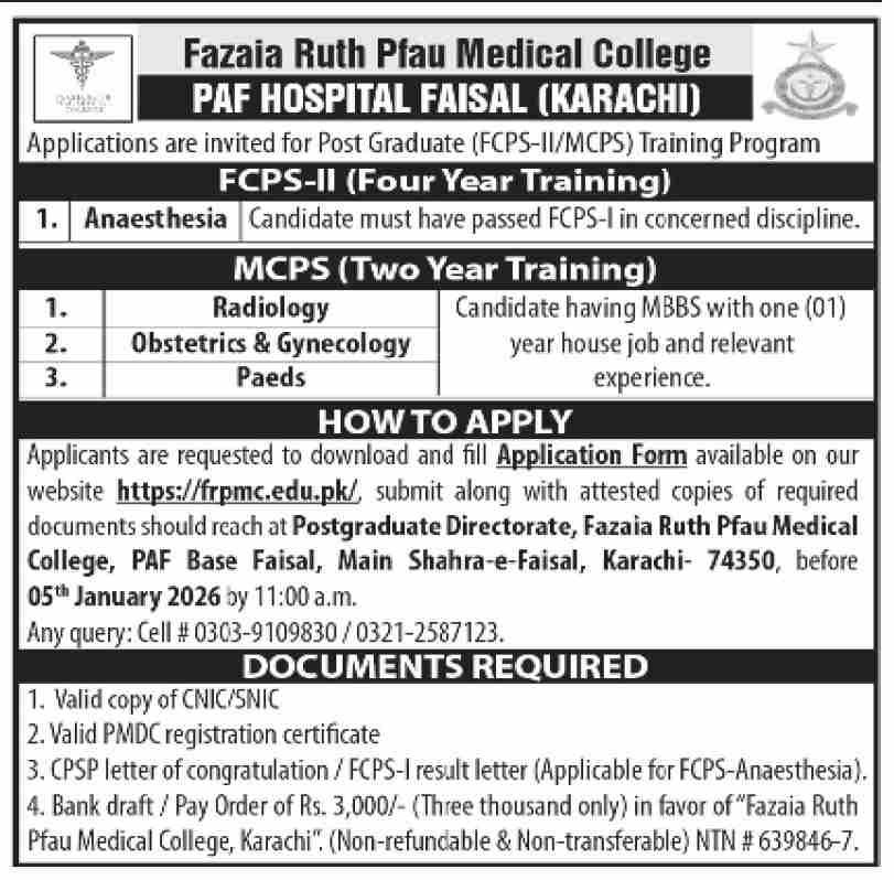 Fazaia Ruth PFAU Medical College Jobs: Latest 2026 Posts