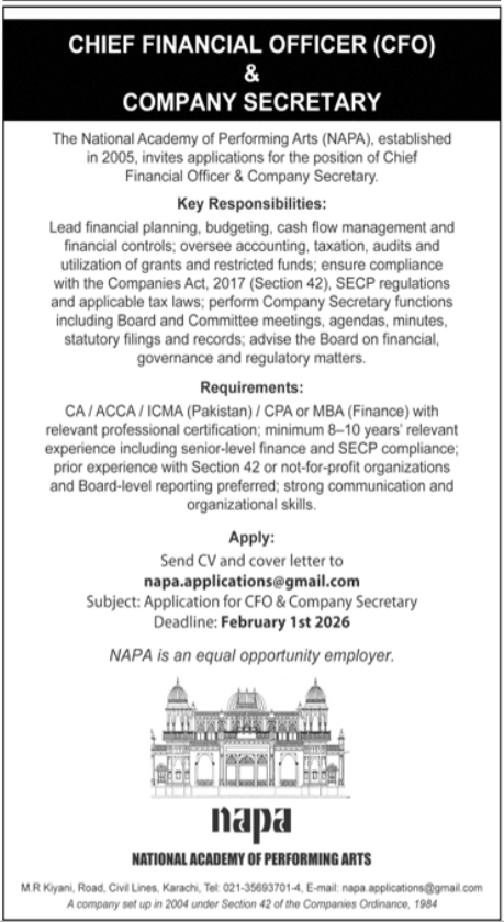 Latest CFO & Company Secretary Jobs in NAPA Karachi