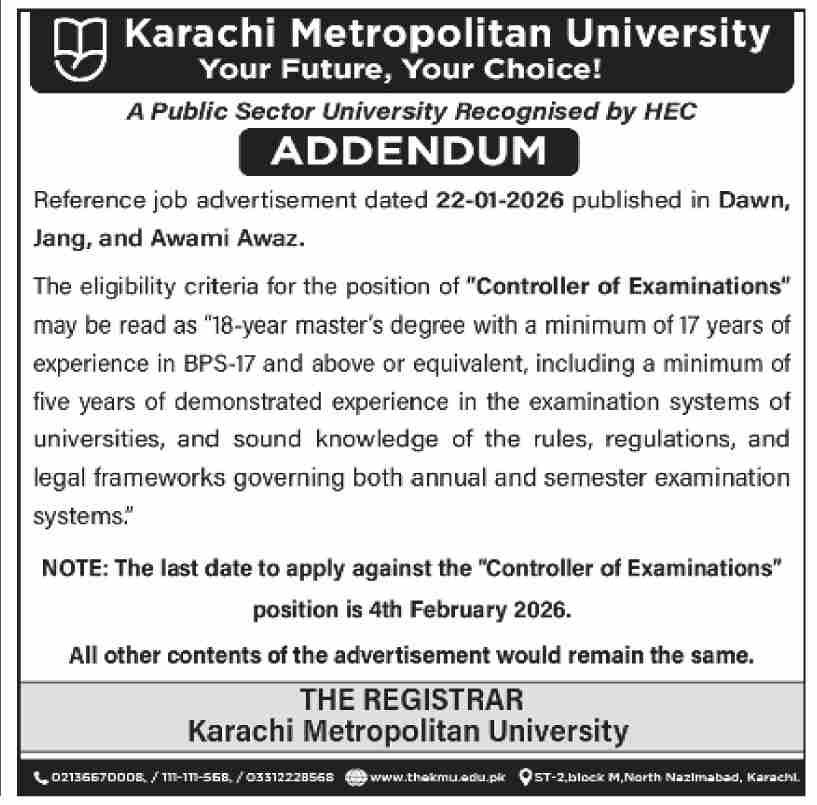 Controller of Exams Job Open at Karachi University 2026
