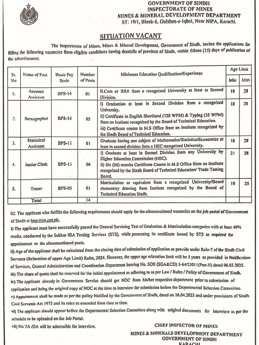 Sindh Government Jobs: Urgent Mining Department Vacancies