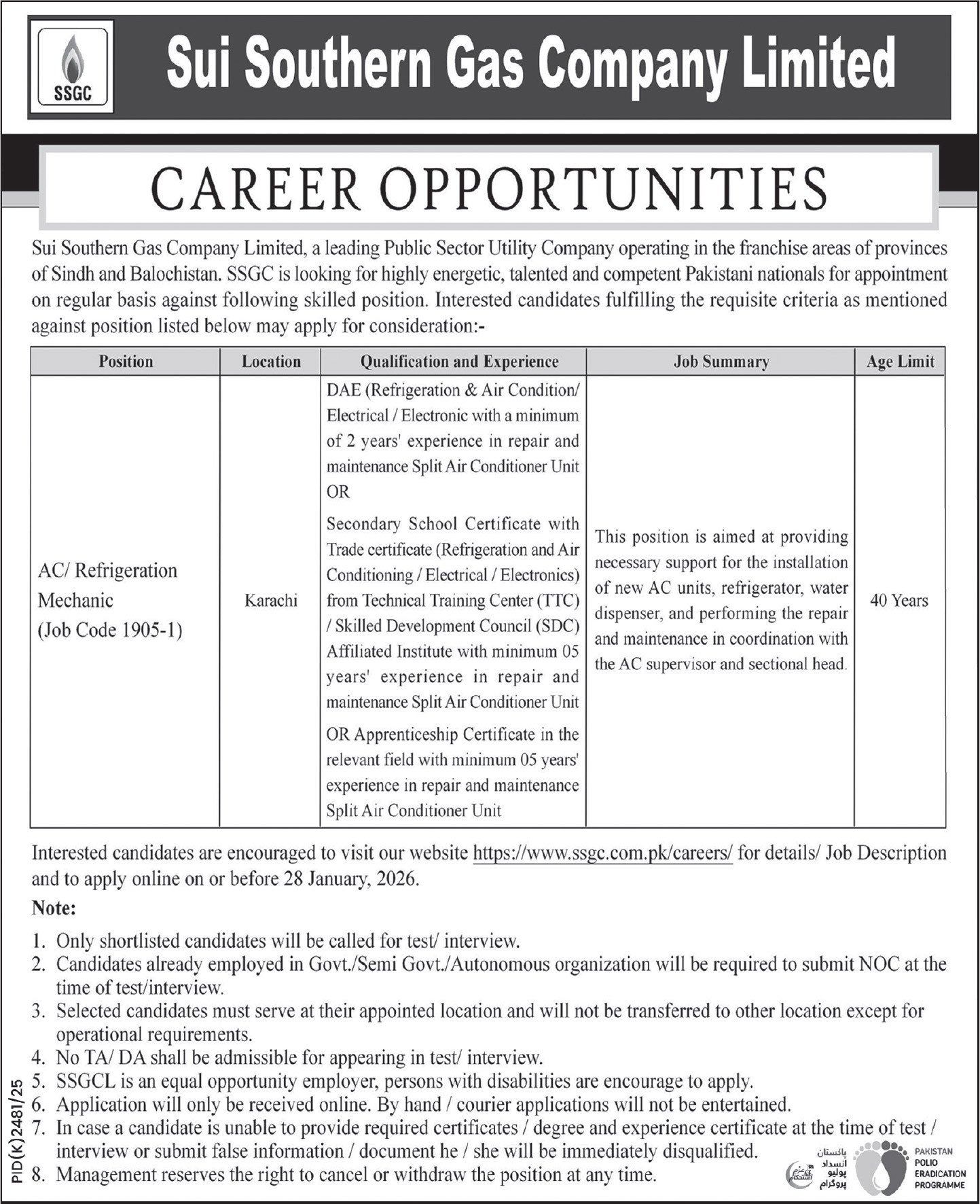 SSGC Jobs: Urgent Mechanic Openings Karachi 2026
