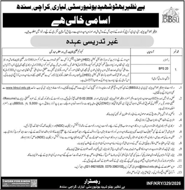 Benazir Bhutto Lyari Karachi: Amazing Registrar Job 2026