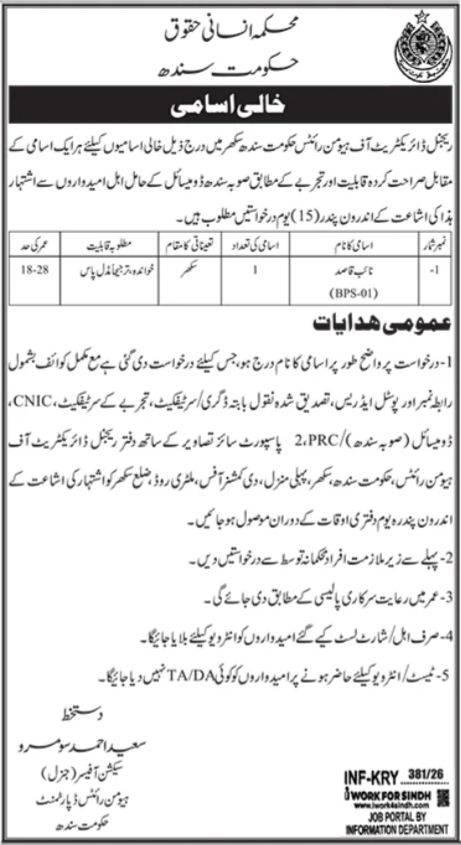 Ministry of Human Rights Sukkur Jobs 2026 Latest