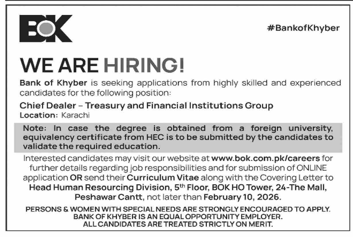 Chief Dealer Jobs 2026: Best Bank of Khyber Openings