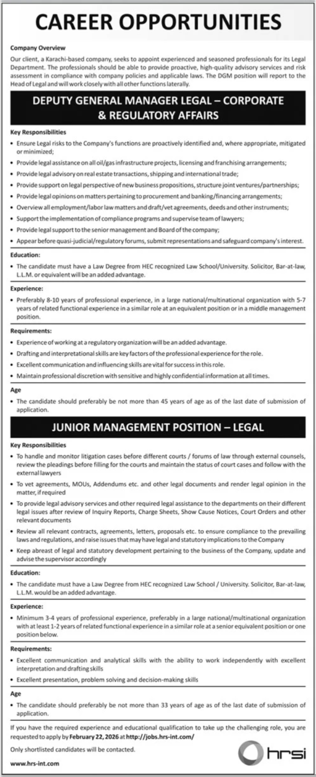 HRSI Karachi Jobs: Latest Deputy GM Legal Posts