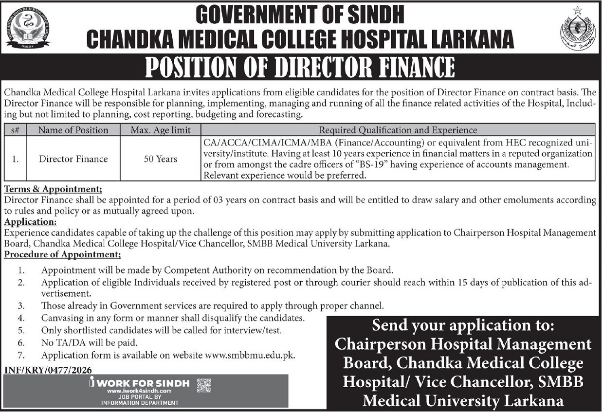 Chandka Medical College Hospital Jobs 2026 Latest Director Finance