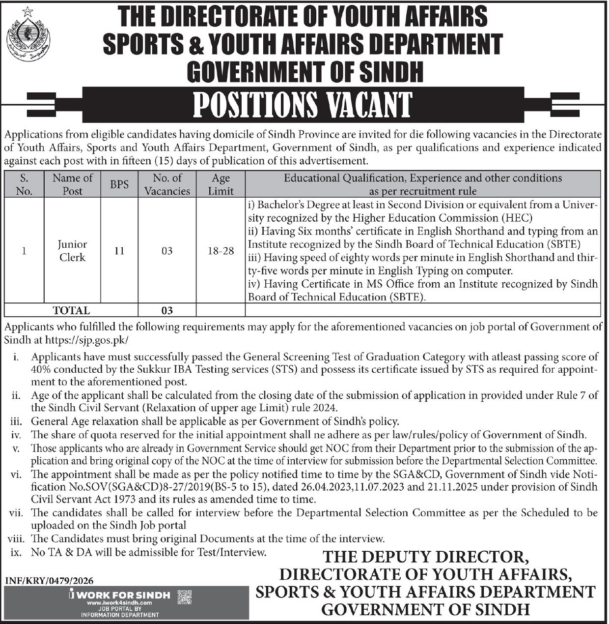 Sports and Youth Affairs Department Sindh Job Opportunities in KarachiSports and Youth Affairs Department Sindh Job Opportunities in Karachi
