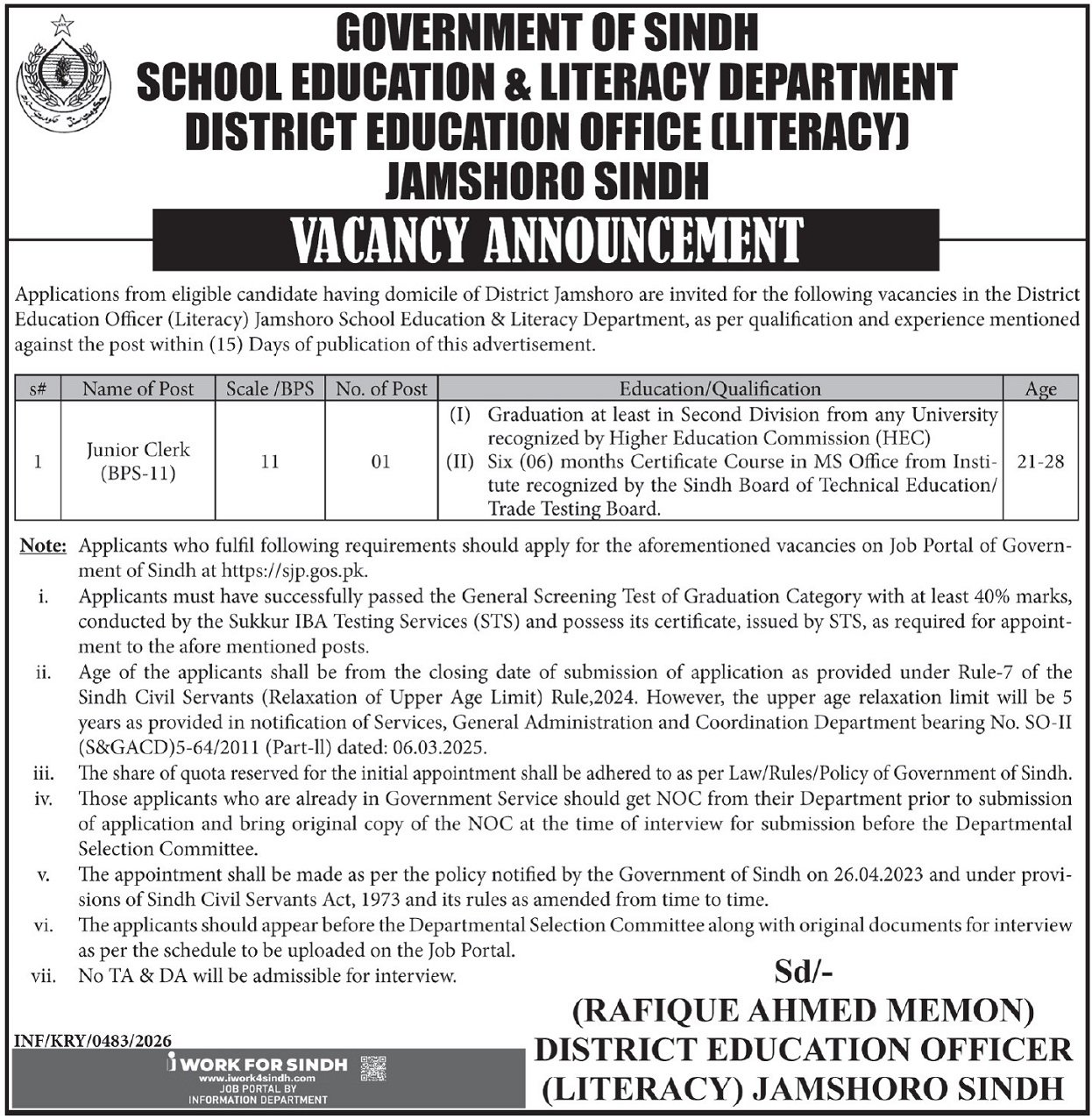 School Education & Literacy Department Management Posts Karachi 2026