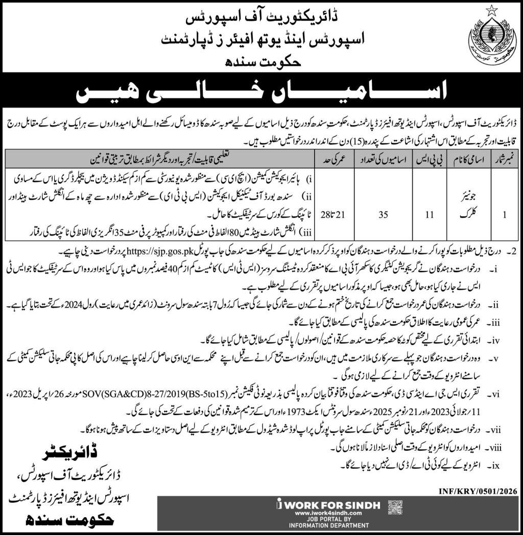 Junior Clerk Jobs 2026: Latest Sports Dept Openings In Karachi