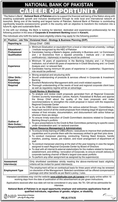 NBP Jobs 2026 Urgent Divisional Head 