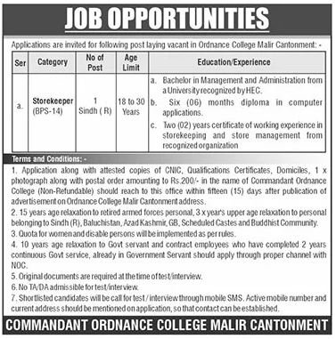 Storekeeper Job Ordnance College Latest Posts