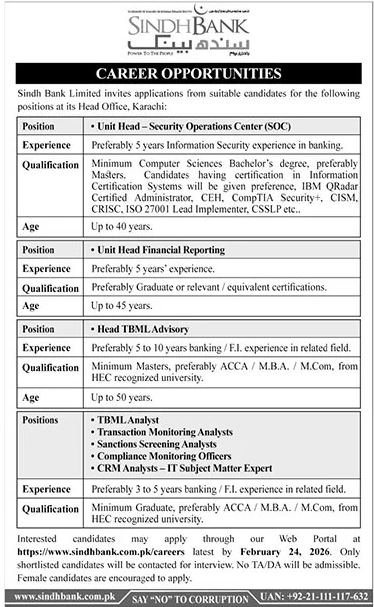 Sindh Bank Jobs 2026 Latest Unit Head & Analyst