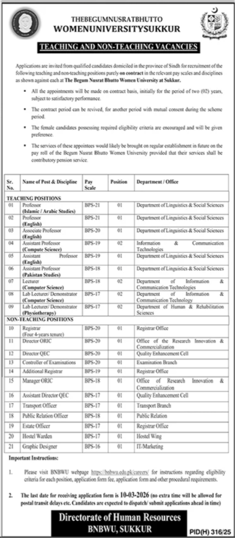 Begum Nusrat Bhutto University Jobs 2026 Urgent Vacancies