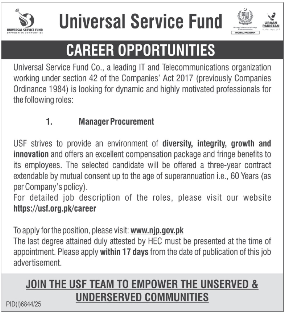 Universal Service Fund Jobs Karachi Latest Management Posts