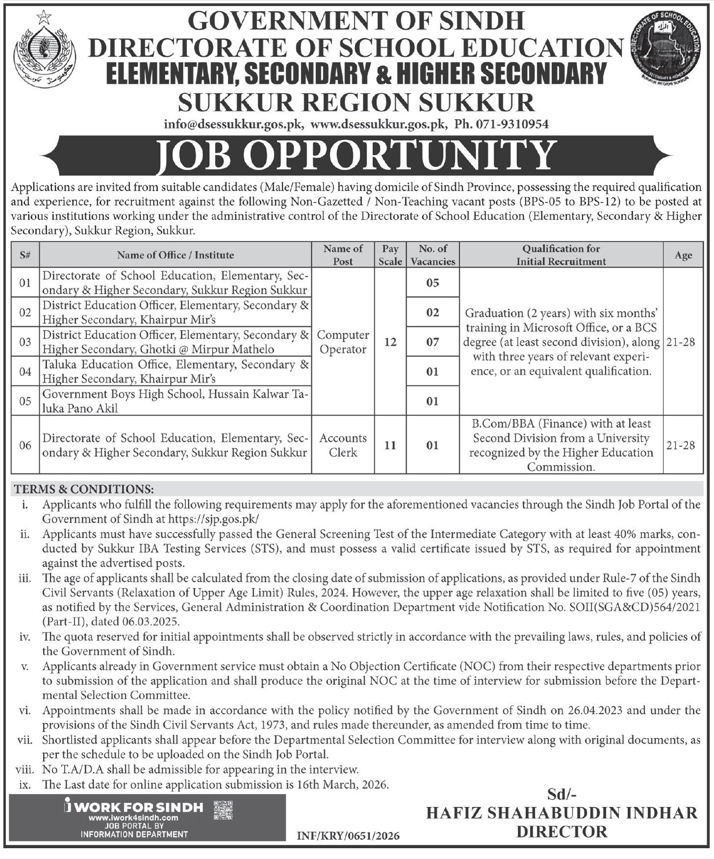 Sukkur Jobs 2026 Latest Education Department Management