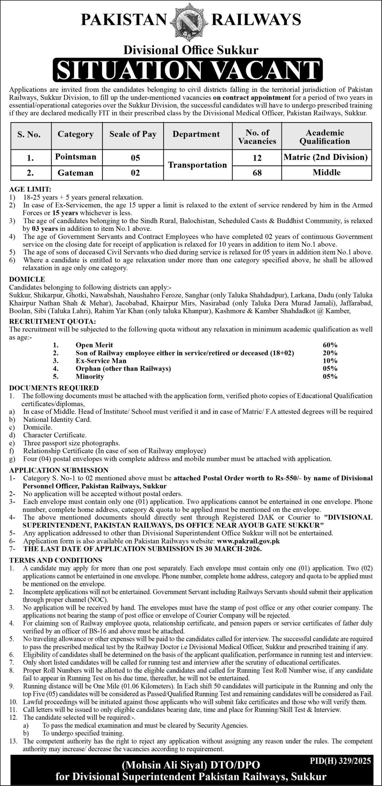 Pakistan Railways Latest Gateman Pointsman Jobs