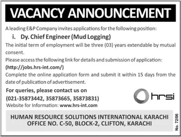 Deputy Chief Engineer Job HRSI Latest Opening 2026