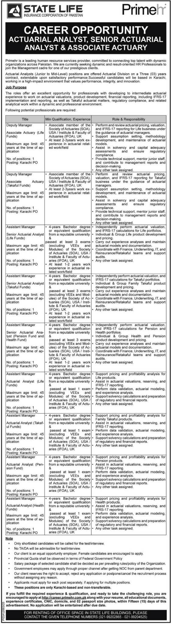 State Life Insurance Urgent Management Posts 2026