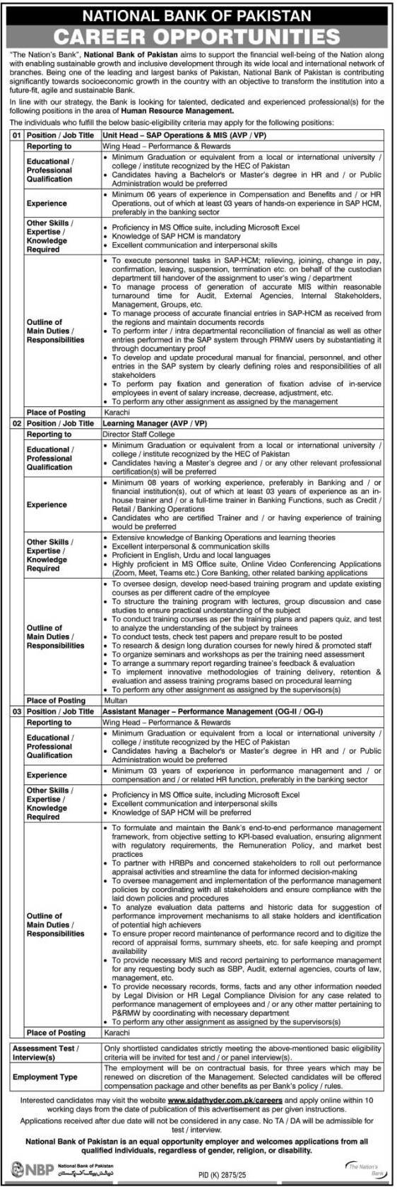 NBP Jobs Urgent Management Opportunities Karachi