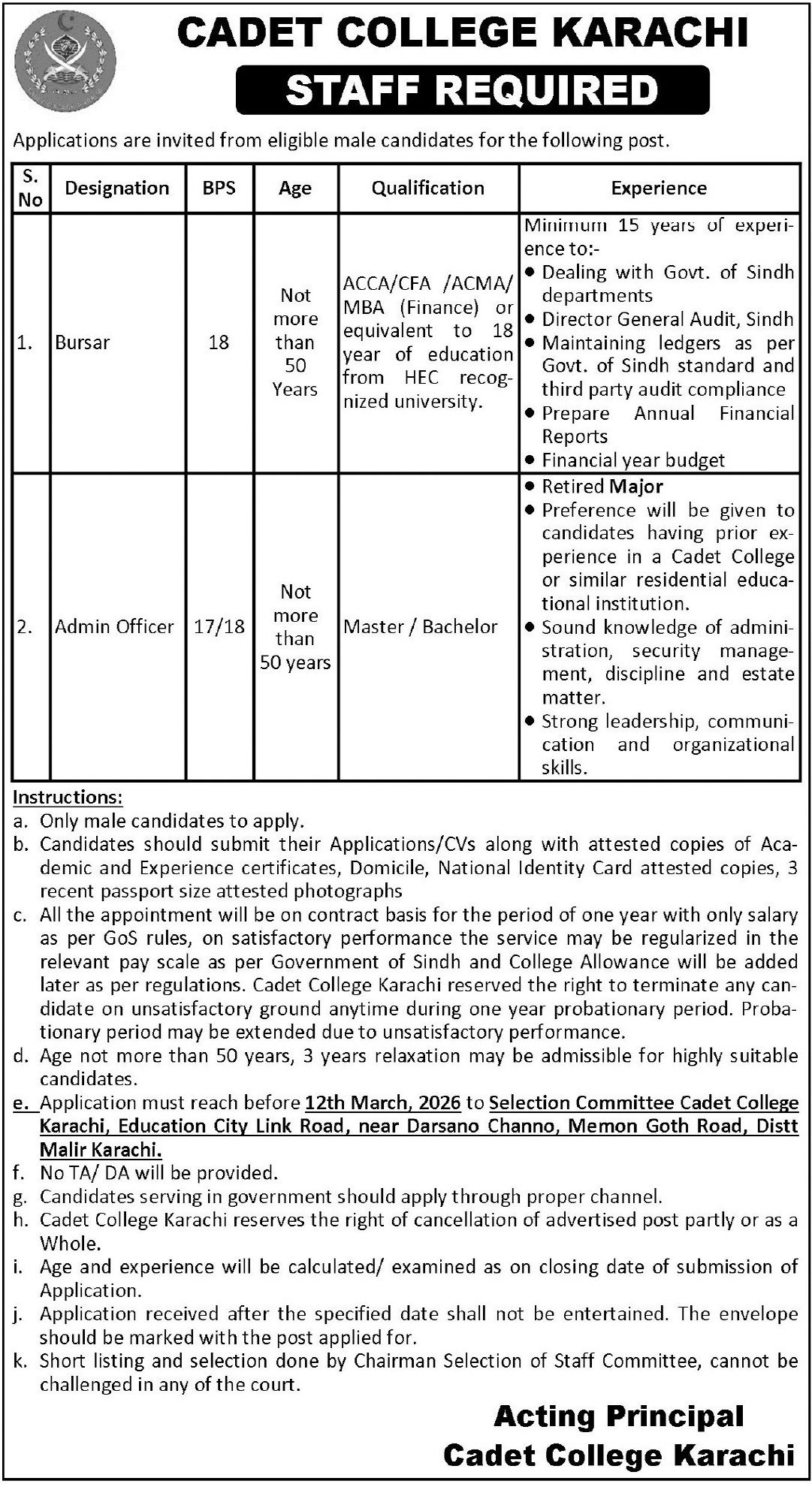 Cadet College Jobs Exclusive Bursar Admin Roles