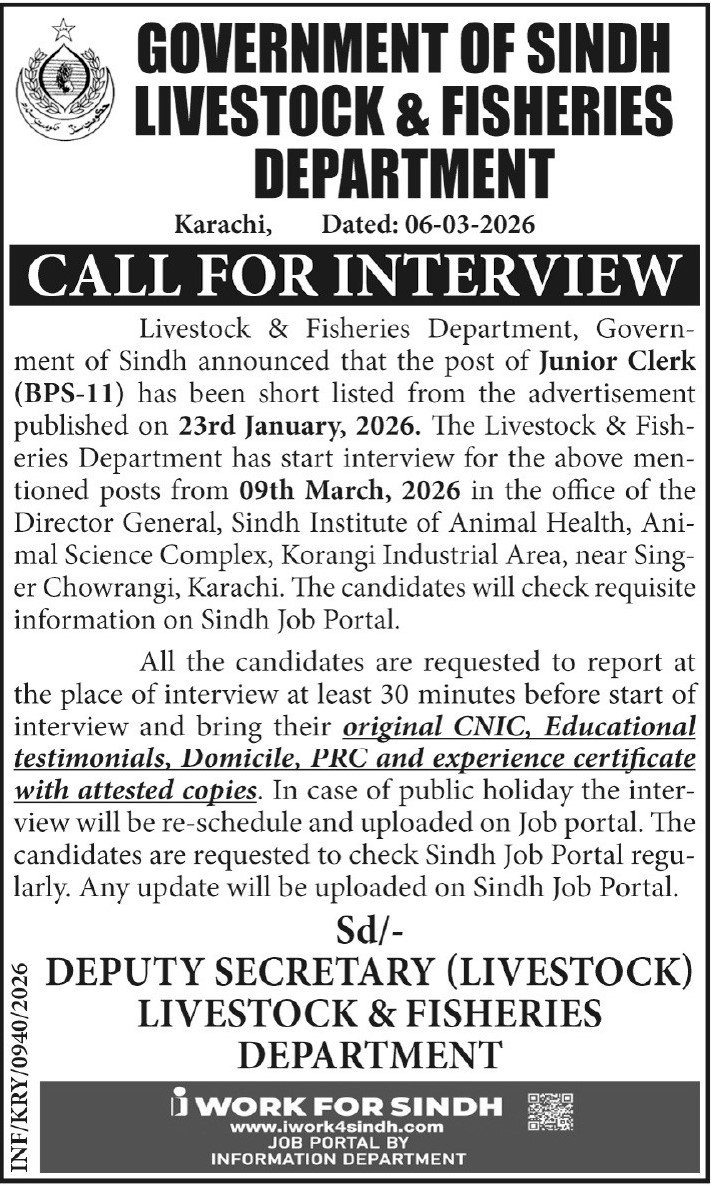 Livestock Jobs Sindh Latest Admin Clerical Openings 2026