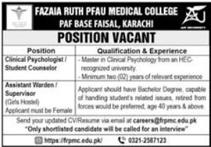 Fazaia Ruth PFAU Medical College Jobs  Latest Top Roles