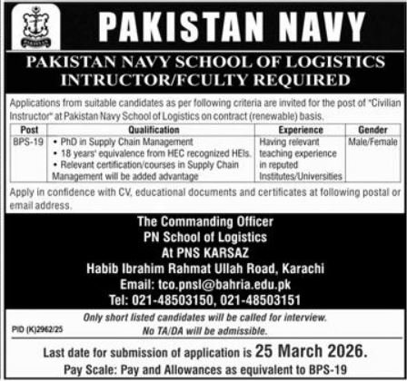 Pakistan Navy Jobs 2026 Exclusive Instructor Posts 