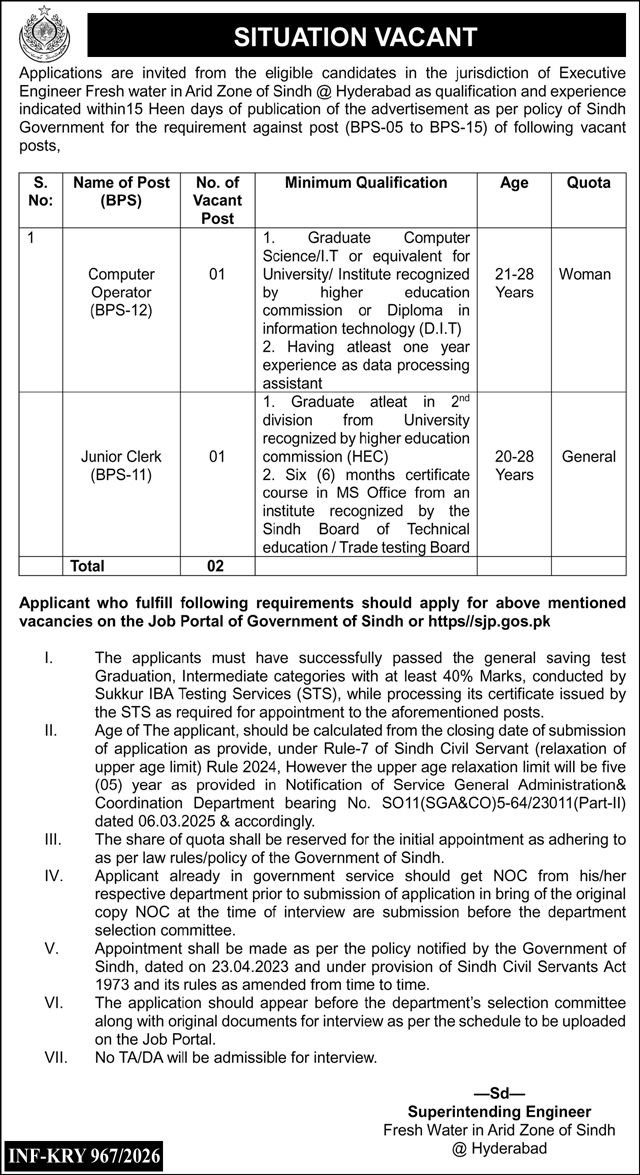 Fresh Water Jobs Sindh Irrigation Dept 2026 Apply now