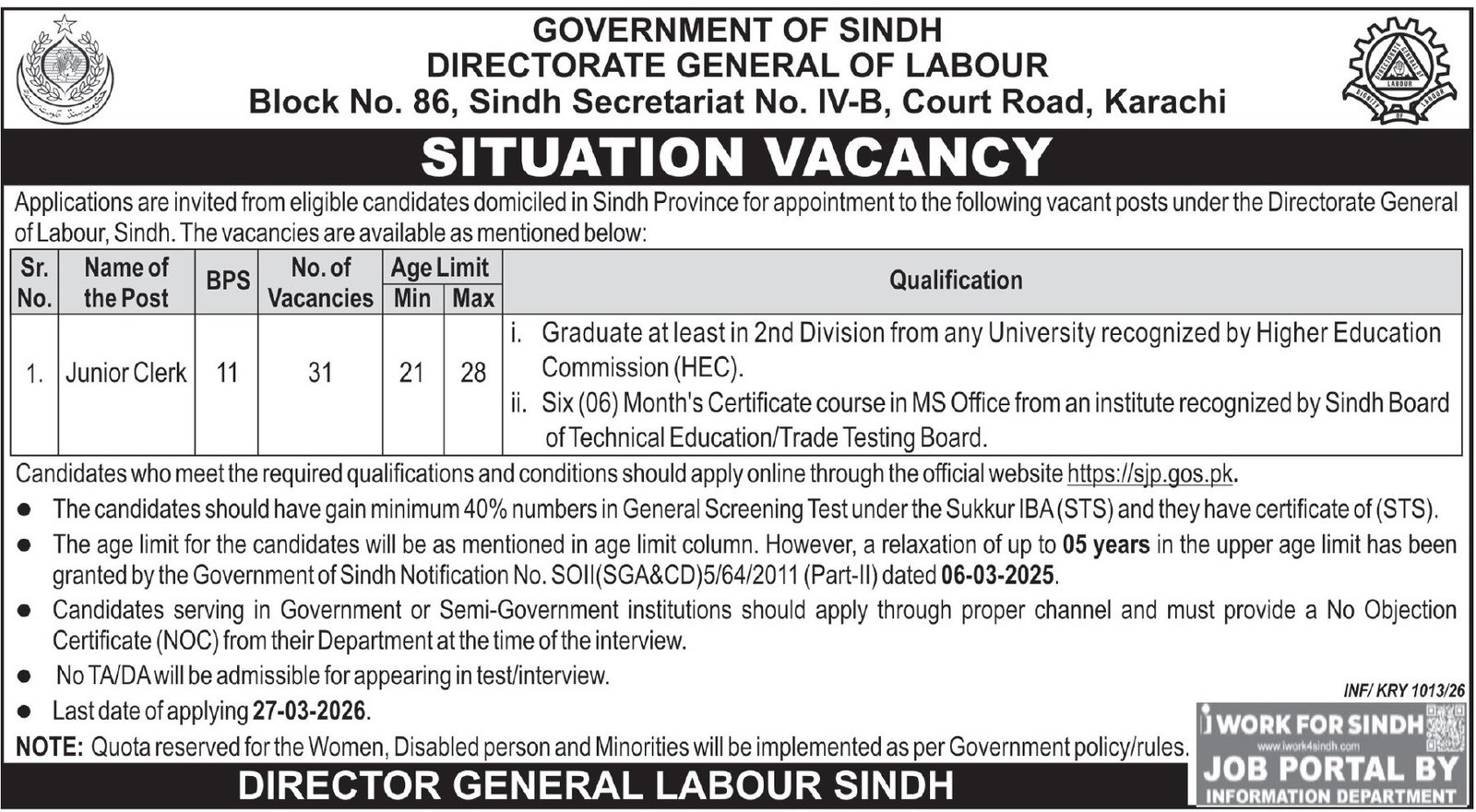 Labour Sindh Jobs 2026 Latest Admin Clerical Posts