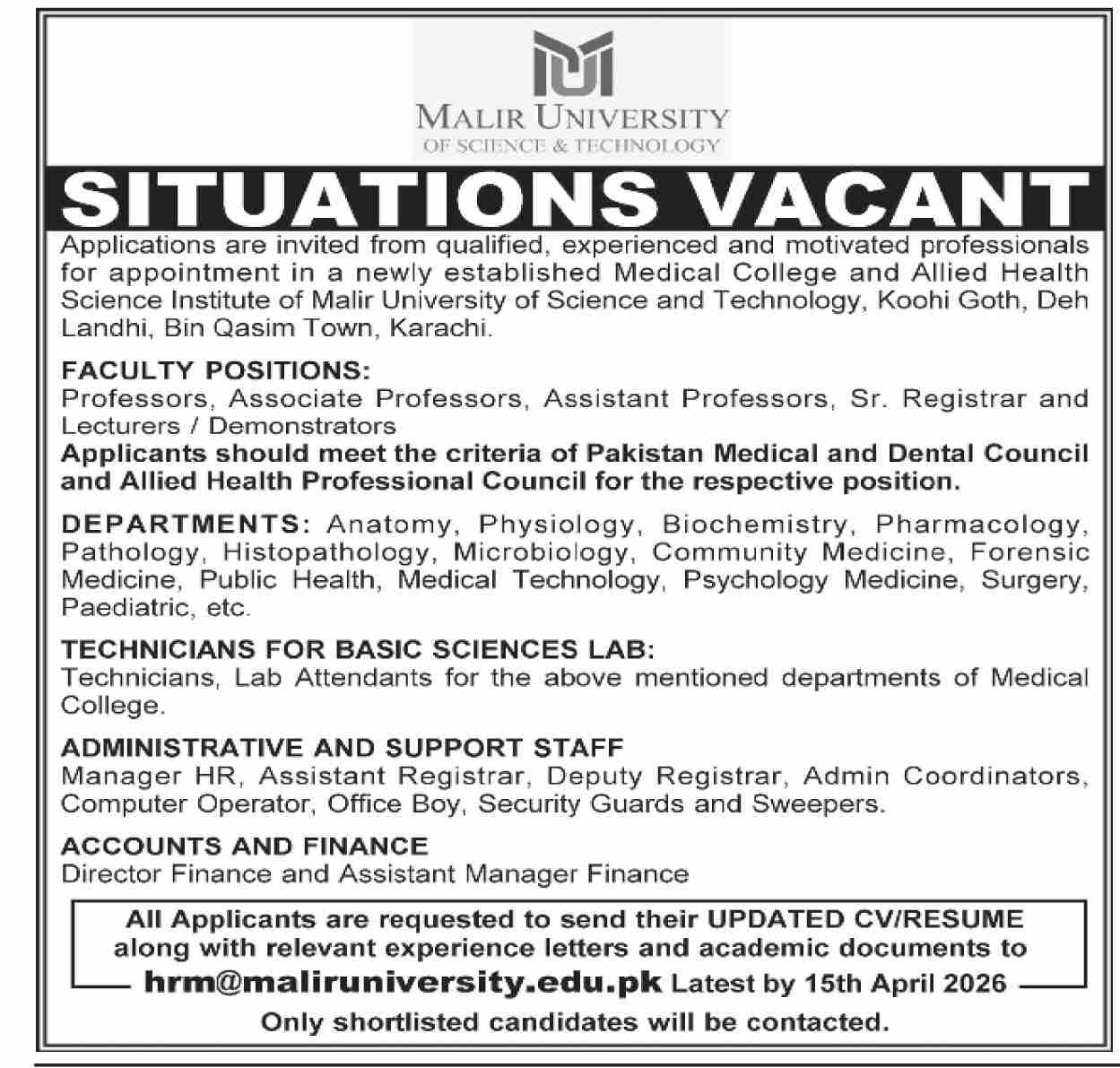 Malir University Jobs Latest 2026 Vacancies 