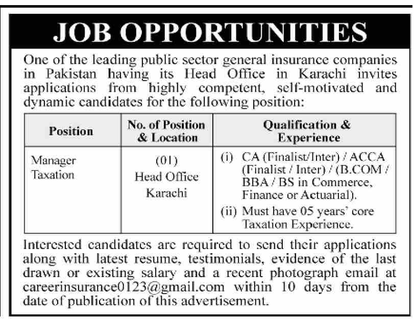 Public Sector Insurance Jobs Urgent Management Posts