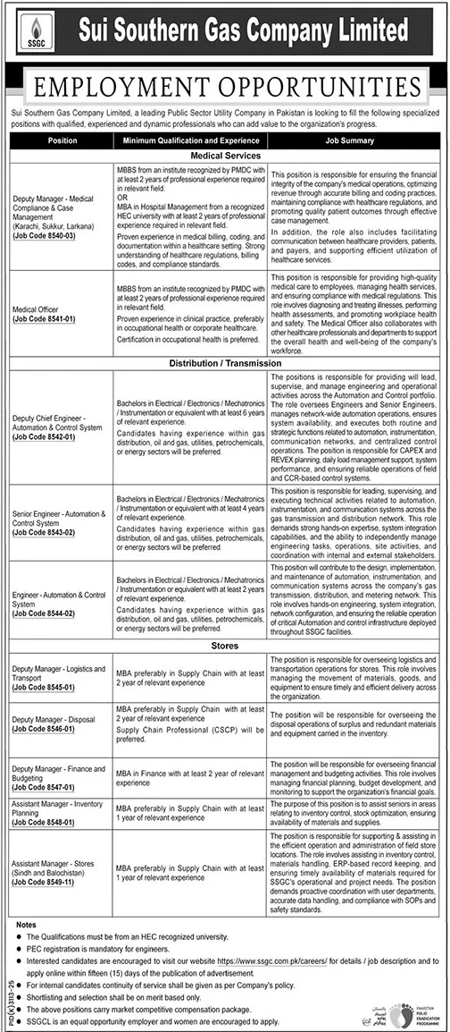 SSGC Jobs Latest Management Vacancies 2026