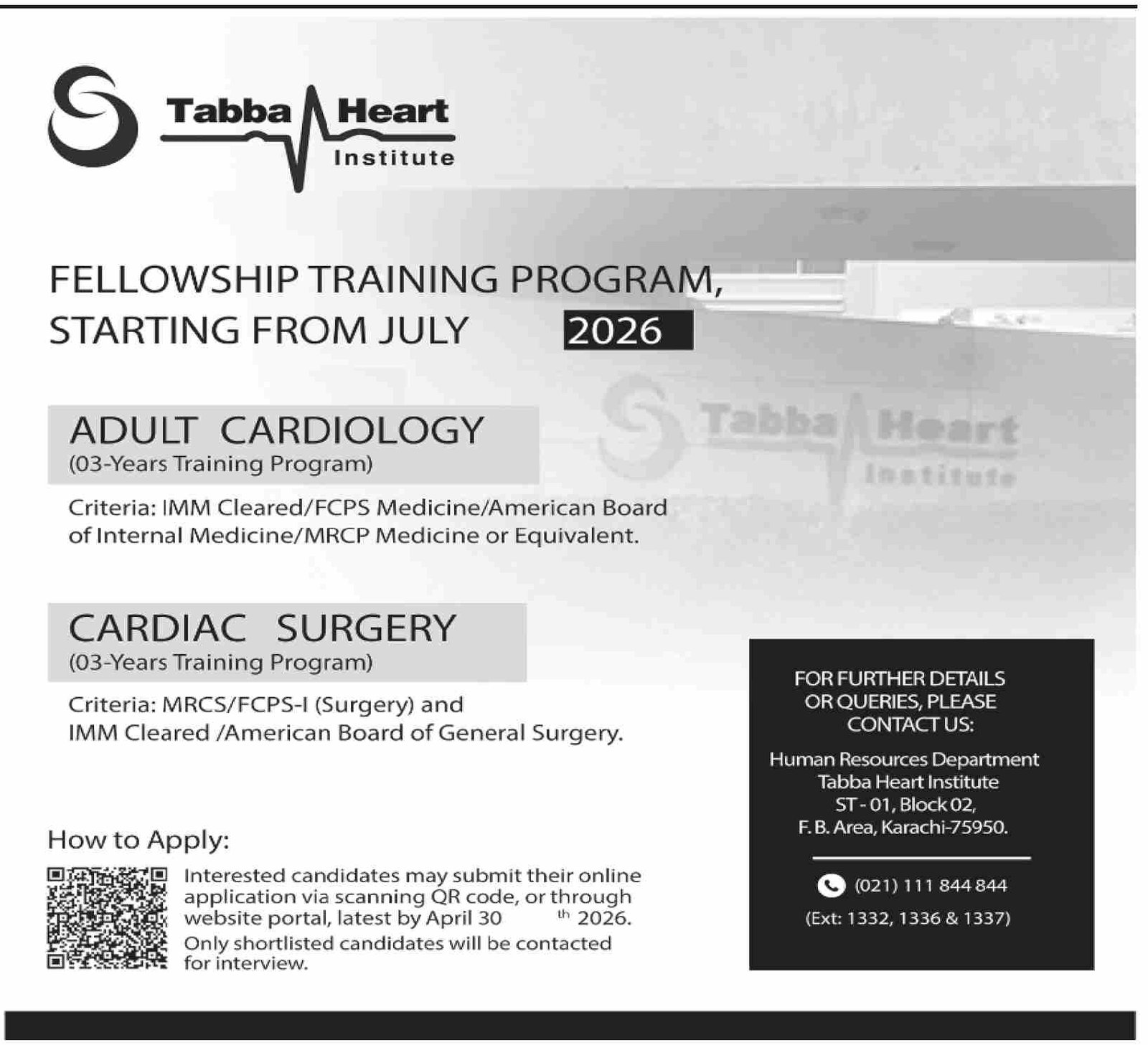 Fellowship Training Program Elite Tabba Heart Institute Jobs