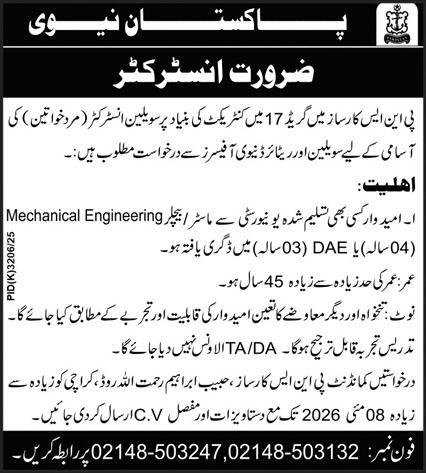 Instructor Job Latest Pakistan Navy Posts 2026