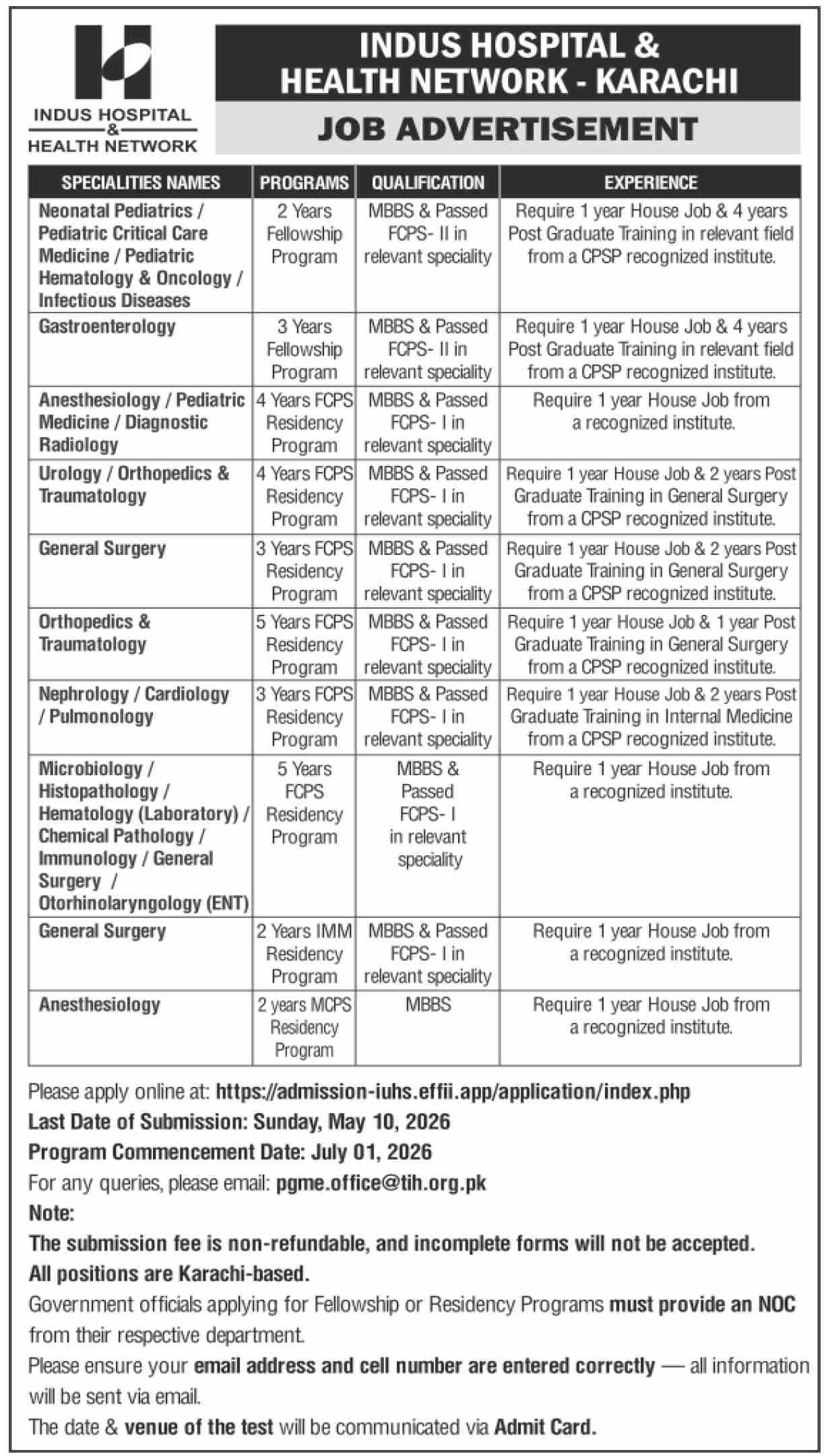 Indus Hospital Fellowship Program 2026 apply now