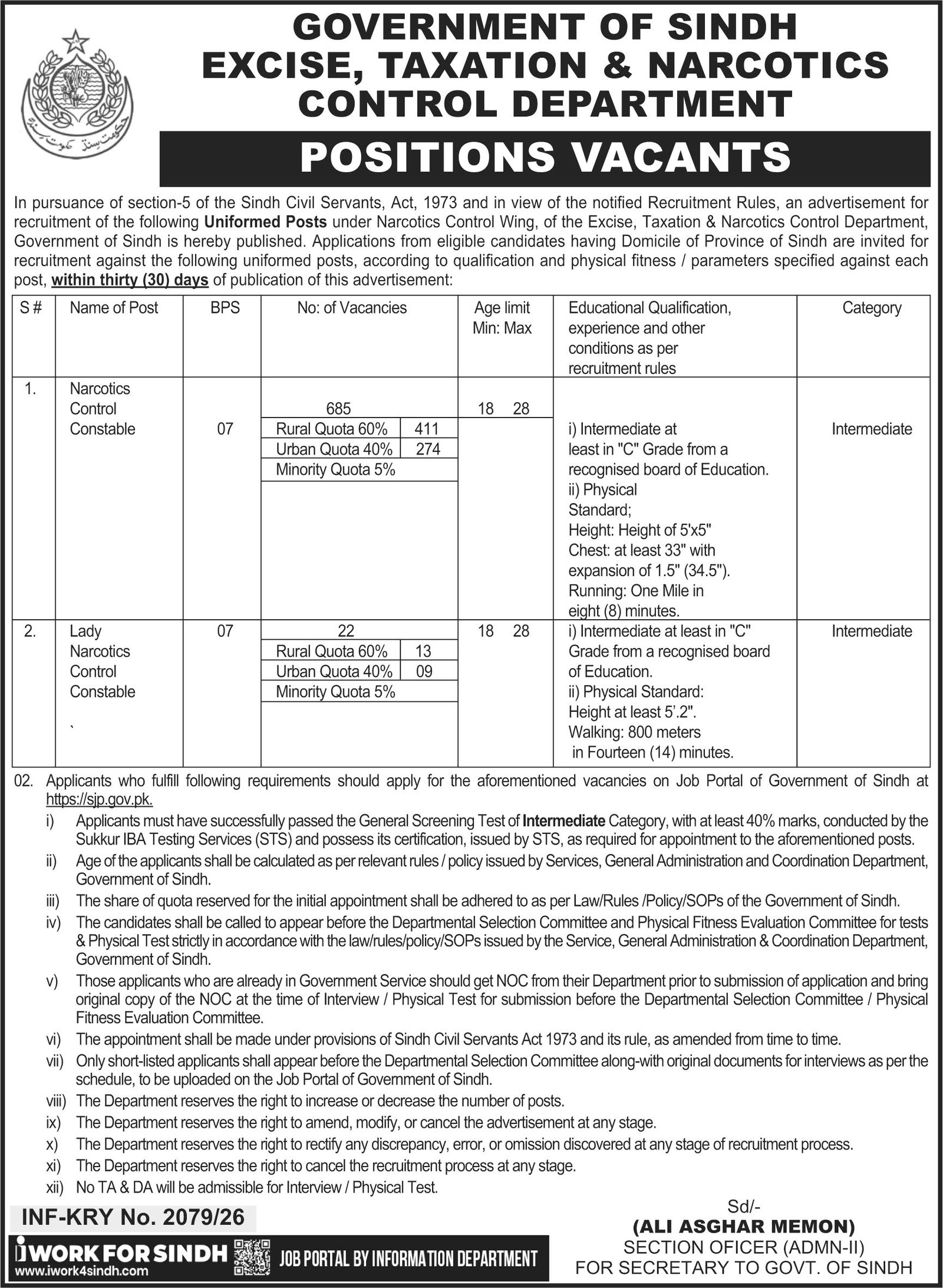 Narcotics Control Jobs Urgent Constable Posts