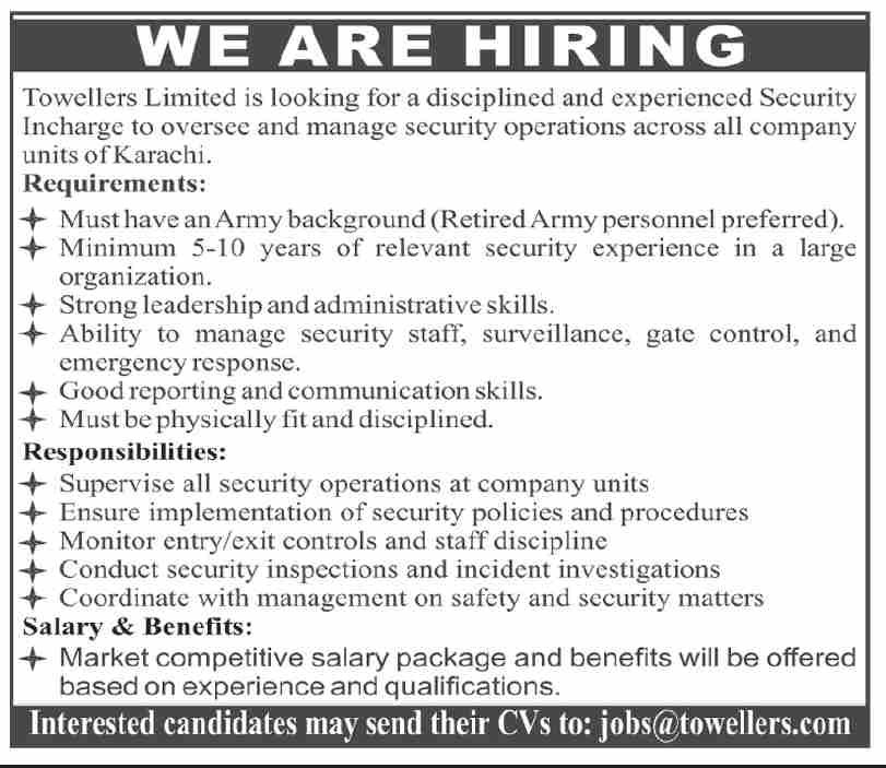 Towellers Limited Jobs Latest Security Incharge 