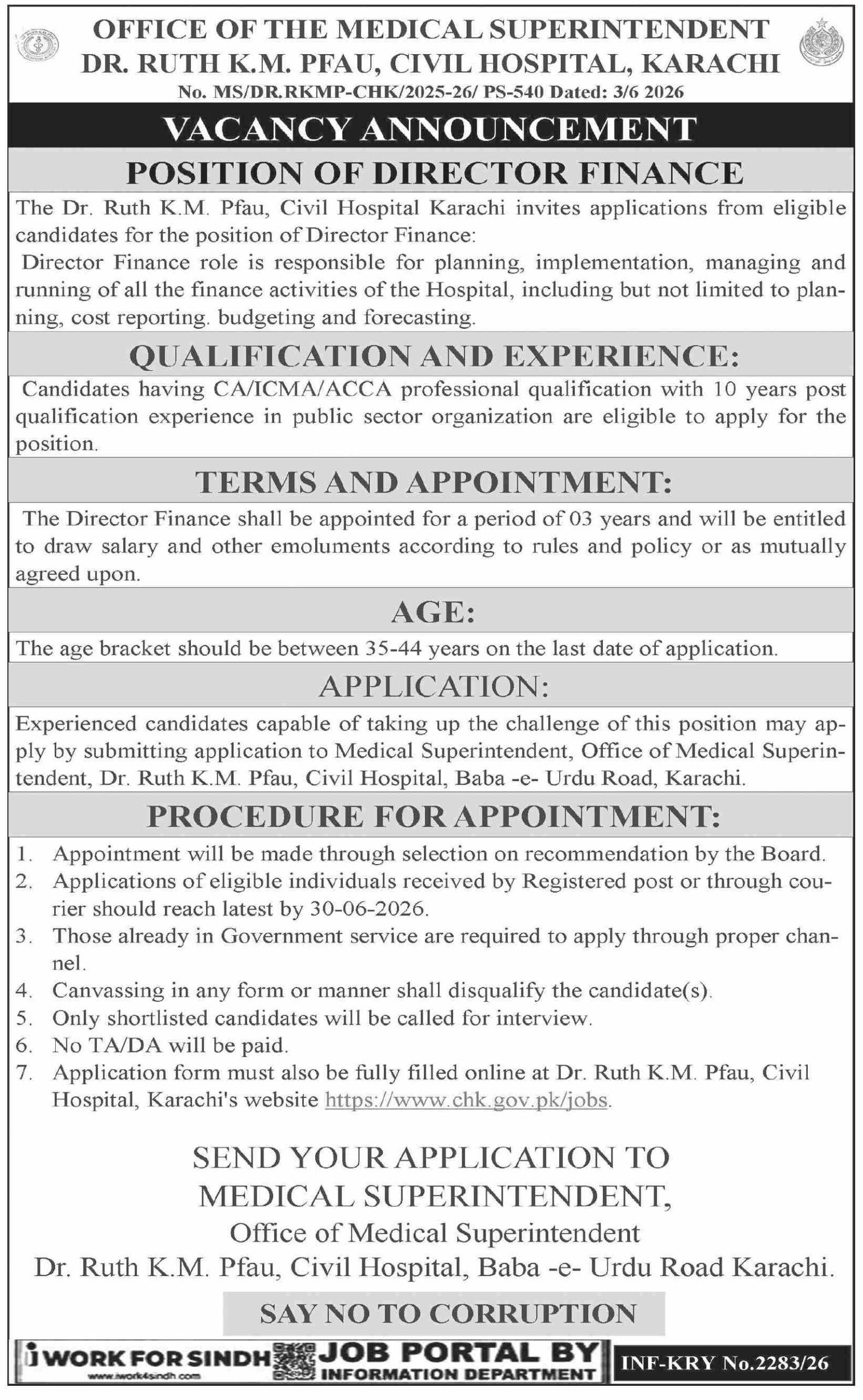 Dr Ruth K M Pfau Civil Hospital Jobs Latest Director Finance