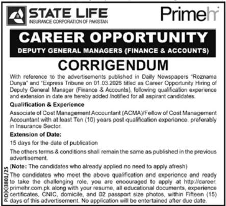 State Life Insurance Jobs Urgent DGM Apply now