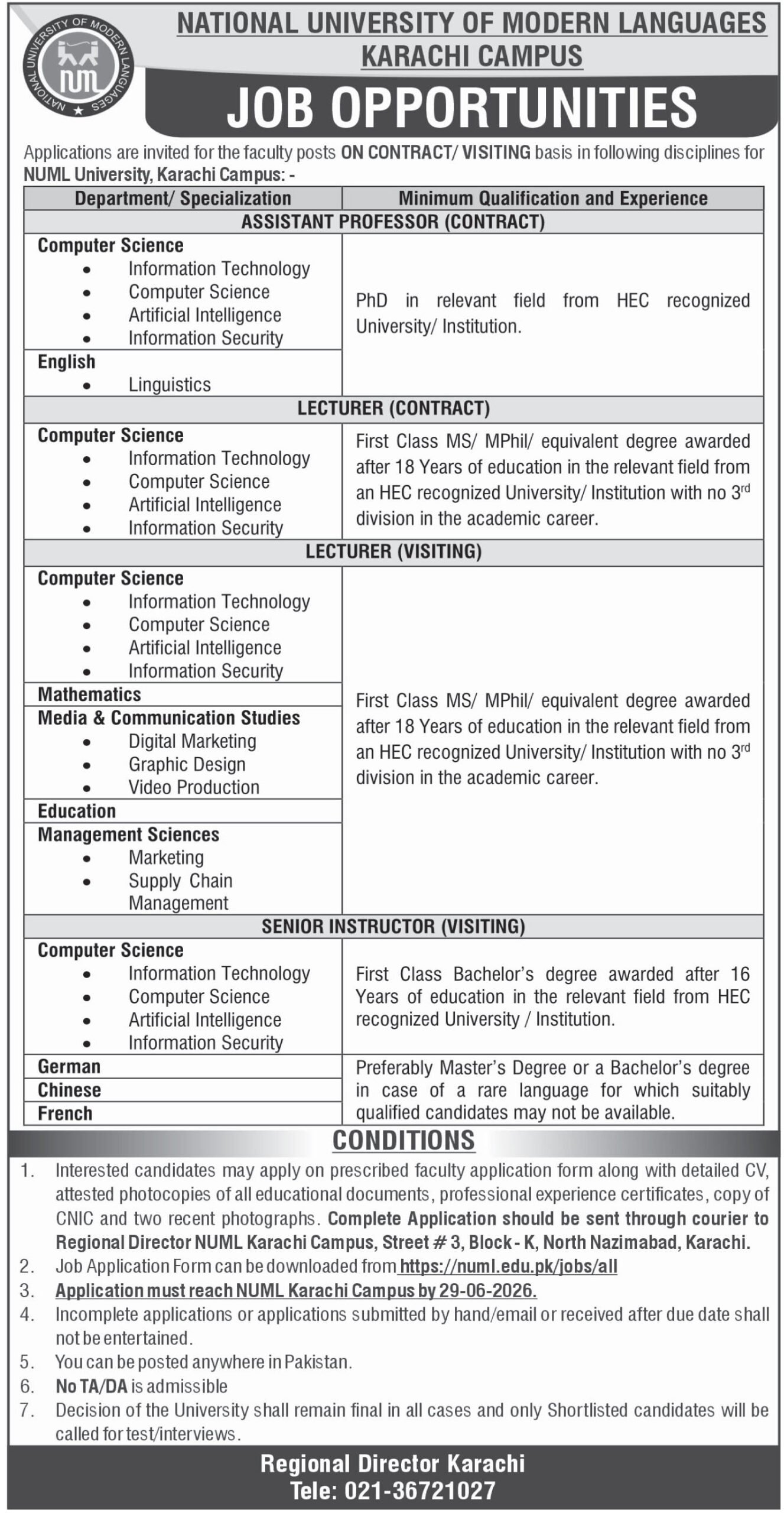 Exclusive NUML Jobs 2026 Apply Now