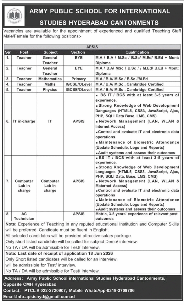 Army Public School Vacancies Exclusive Hyderabad Job Apply Now